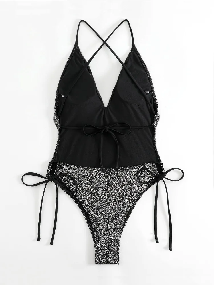 2025 neue Sexy Frauen Shiny Glitter V-ausschnitt Kreuz Zurück Ein Stück Bikini Badeanzug Sommer Strand Badeanzug traje de baño de mujer