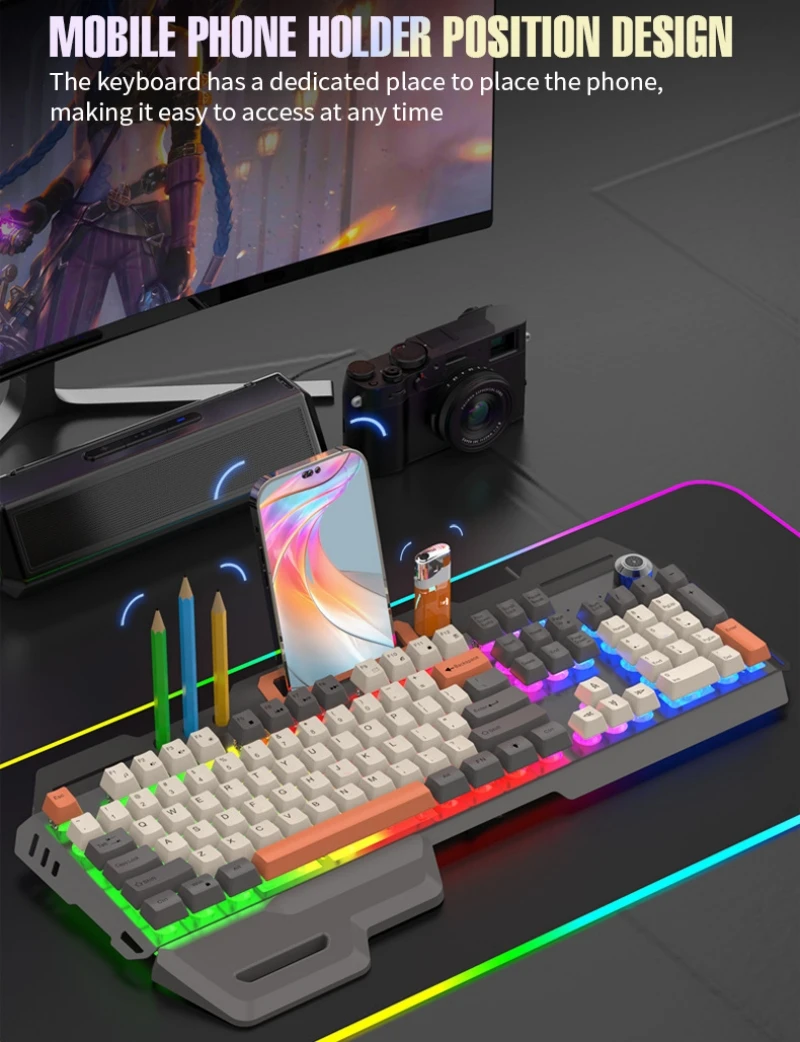 Imagem -06 - Teclado para Jogos Português 100 Layout Mecânico Sensação 104 Teclas Espanhol Russo Coreano Árabe Teclado Gamer Usb com Fio Rgb Botão de Volume de Luz com Suporte para Telefone Conjunto de Mouse K90