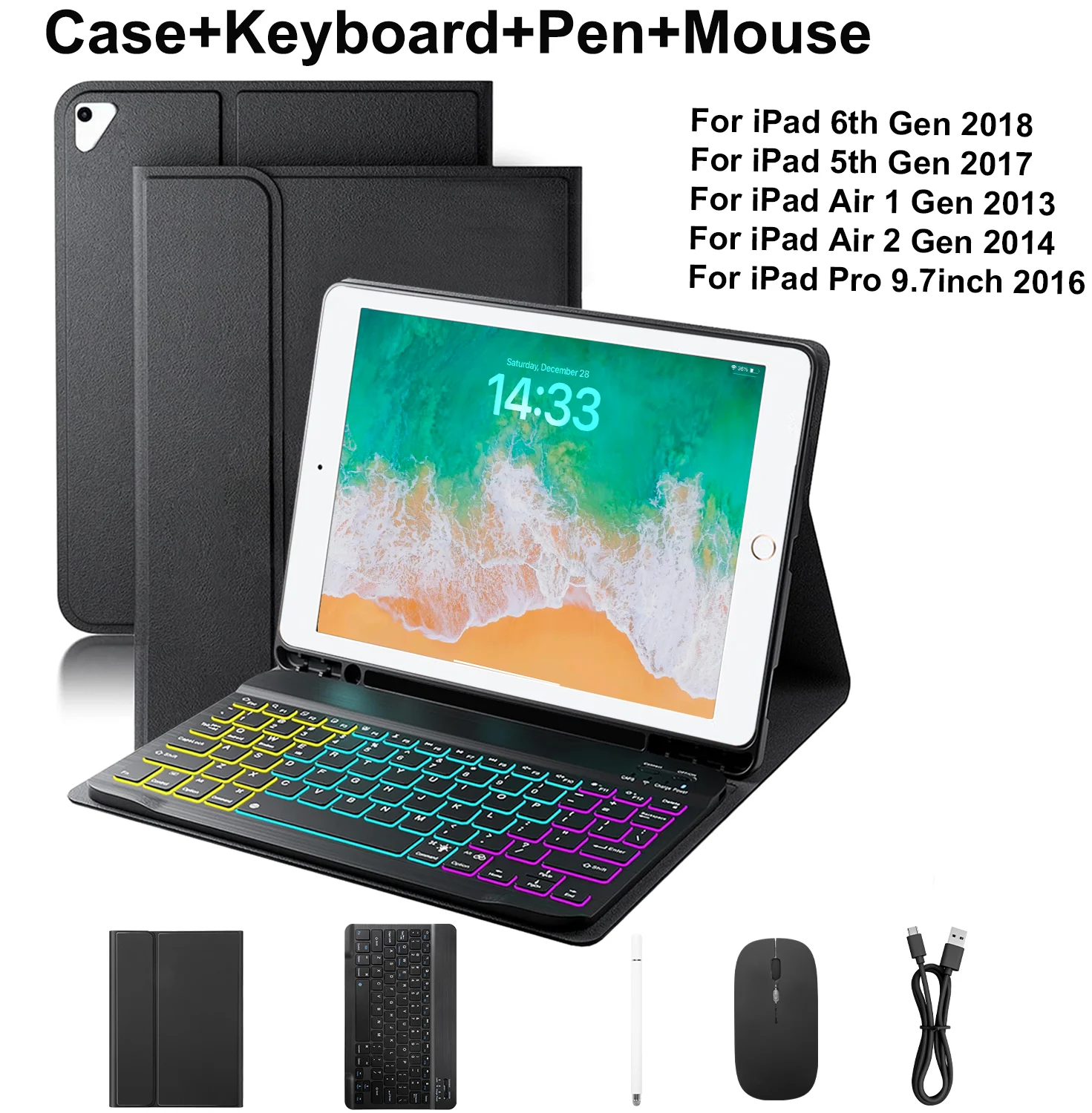 Case Keyboard Mouse Pencil For iPad 5th 6th 9.7-inch Air 1 2 Pro 9.7 Backlight Detachable Keyboard With Pencil Slot Cover