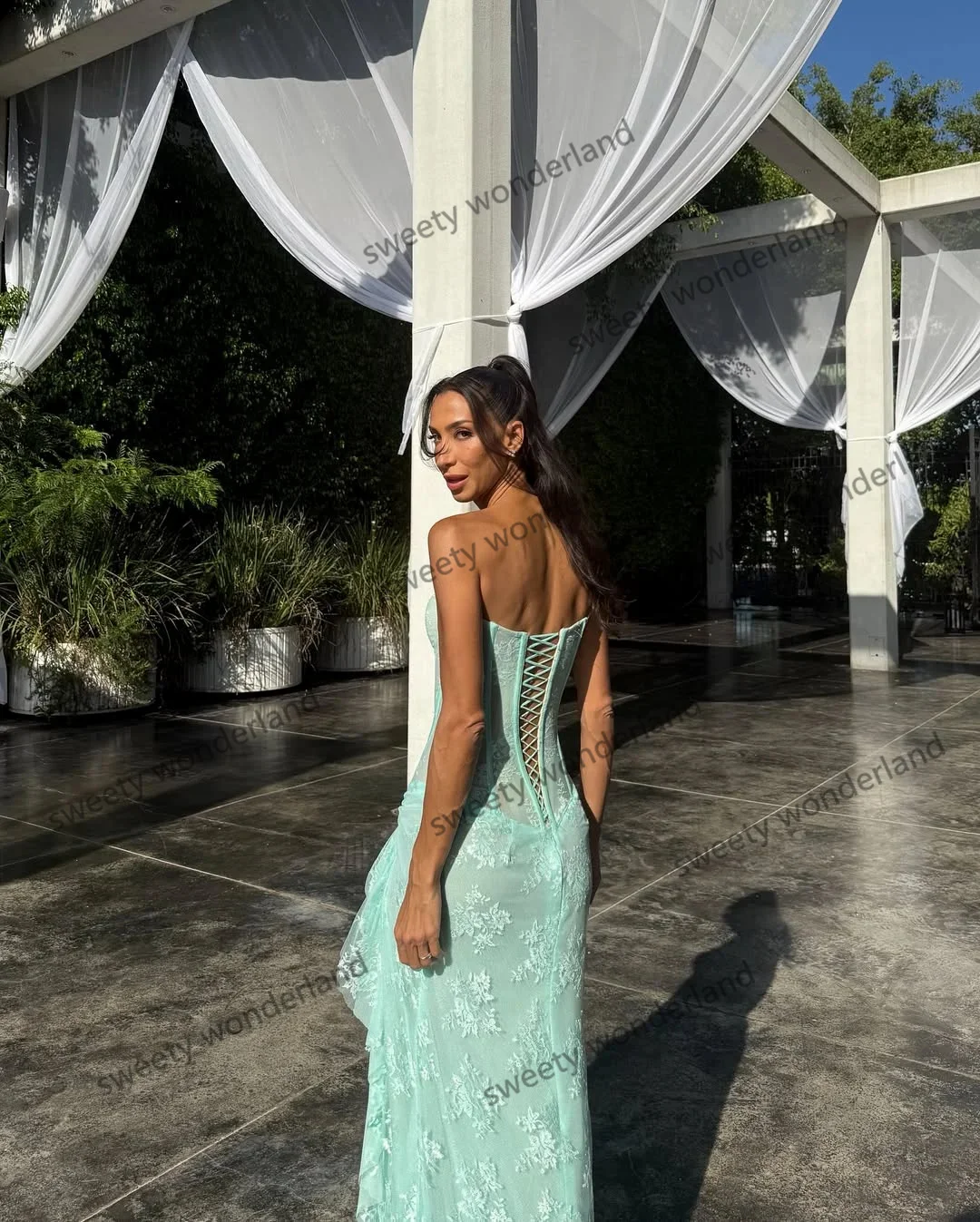 민트 그린 이브닝 드레스 여성 환상 코르셋 vestidos de noche 레이스 프릴 슬릿 댄스 파티 드레스 웨딩 파티 가운 맞춤형