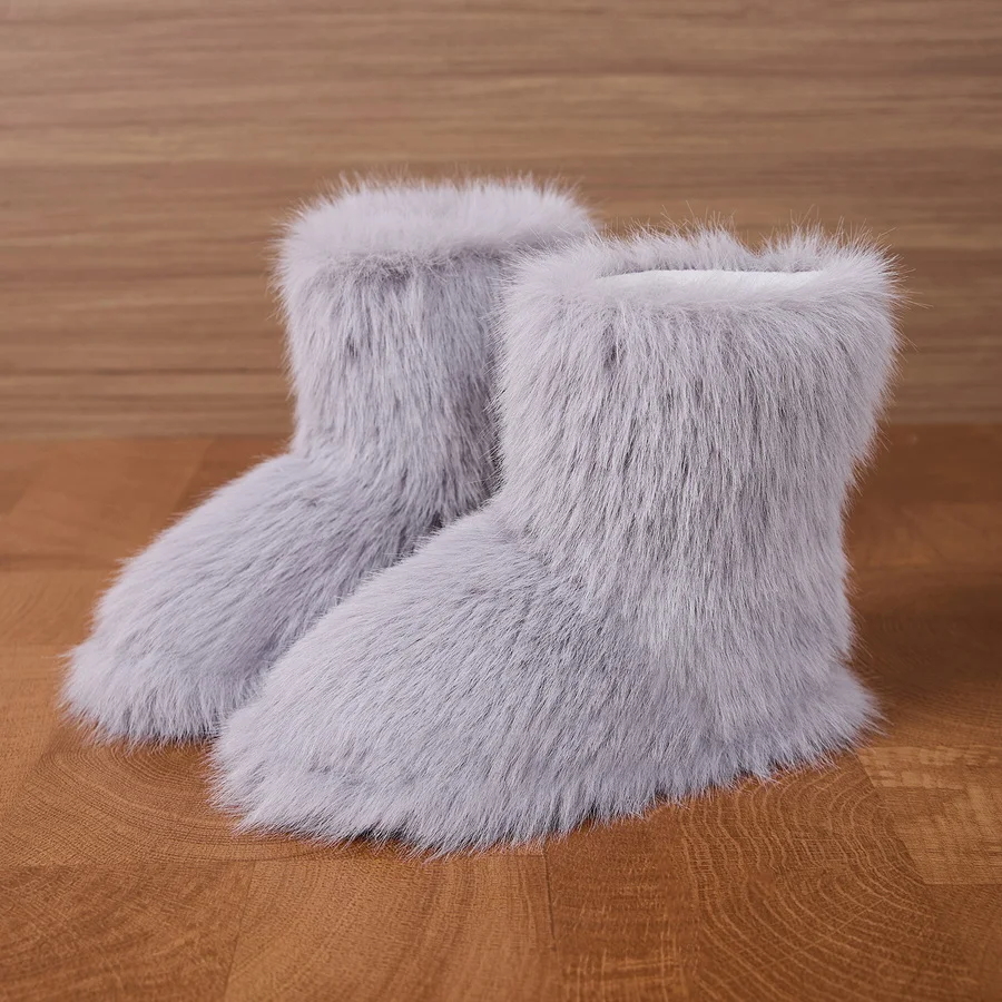 

New faux fur booties slippers women's winter fluffy ankle boot shaggy indoor slipper for home ladies elegant slip on furry boots