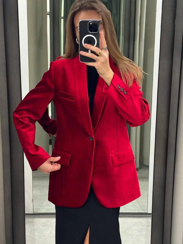 HH Spring Fashion Women Blazers Red Turn Down Collar Long Sleeves Pockets Decorate Single Button Female Chic Jacket Coats
