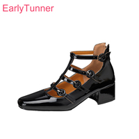 2025 Spring New Mature Black Gold Women Gladiator Pumps Hot Buckle Med Square Heels Lady Dress Shoes Plus Small Big Size 32 46