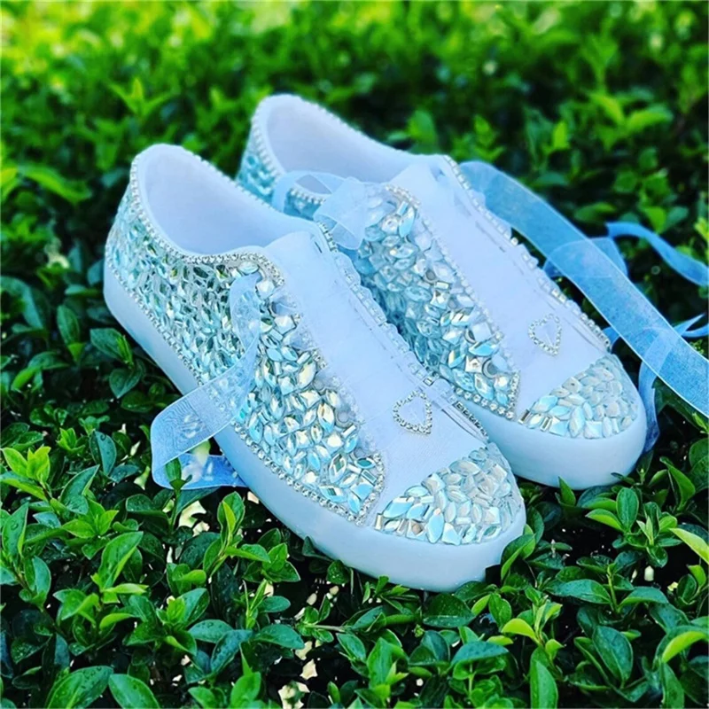 Handmade luxury rhinestone sequins pure white low top wedding plimsolls women\'s large size casual running shoes 35-44