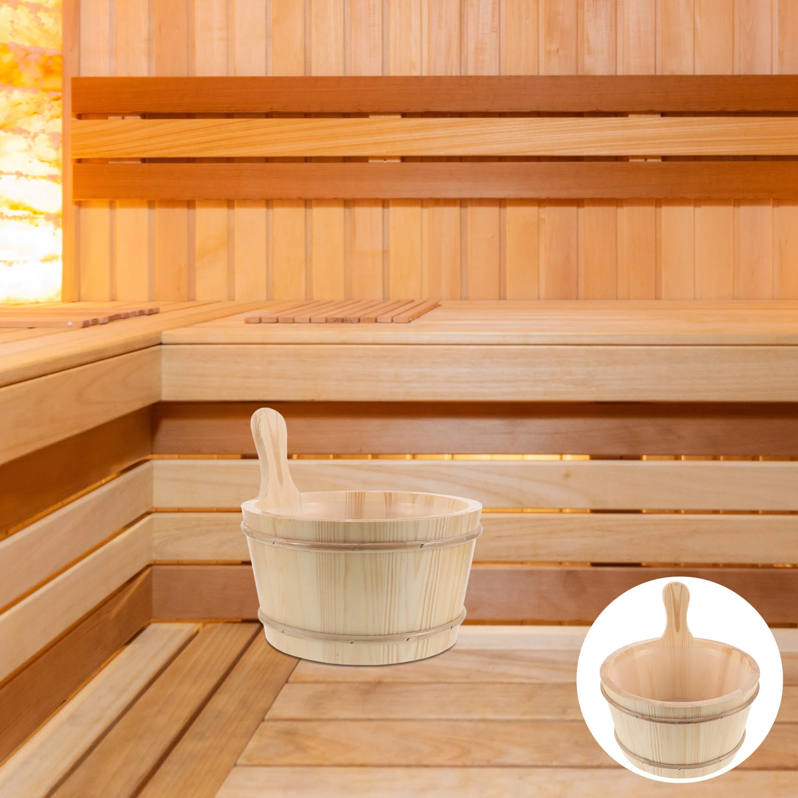 

1 Set Wooden Sauna Bucket 4L With Handle Solid Wood Material Includes Ladle Inner Liner Small Bucket For Home Spa Bath Sauna