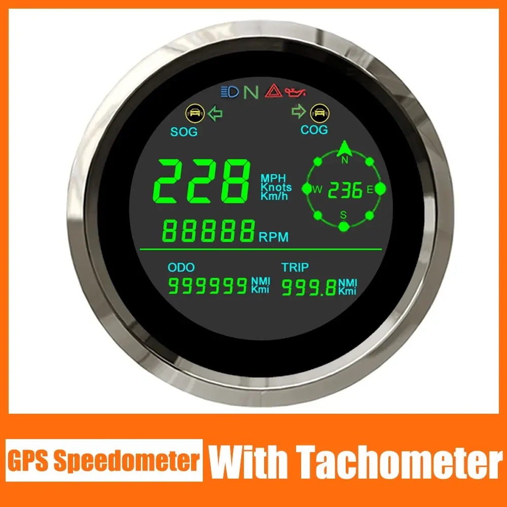 85mm LCD GPS Speedometer with Tachometer Mileage OverSpeed Alarm RPM Programmable For Motorcycle Truck Car 12V/24V