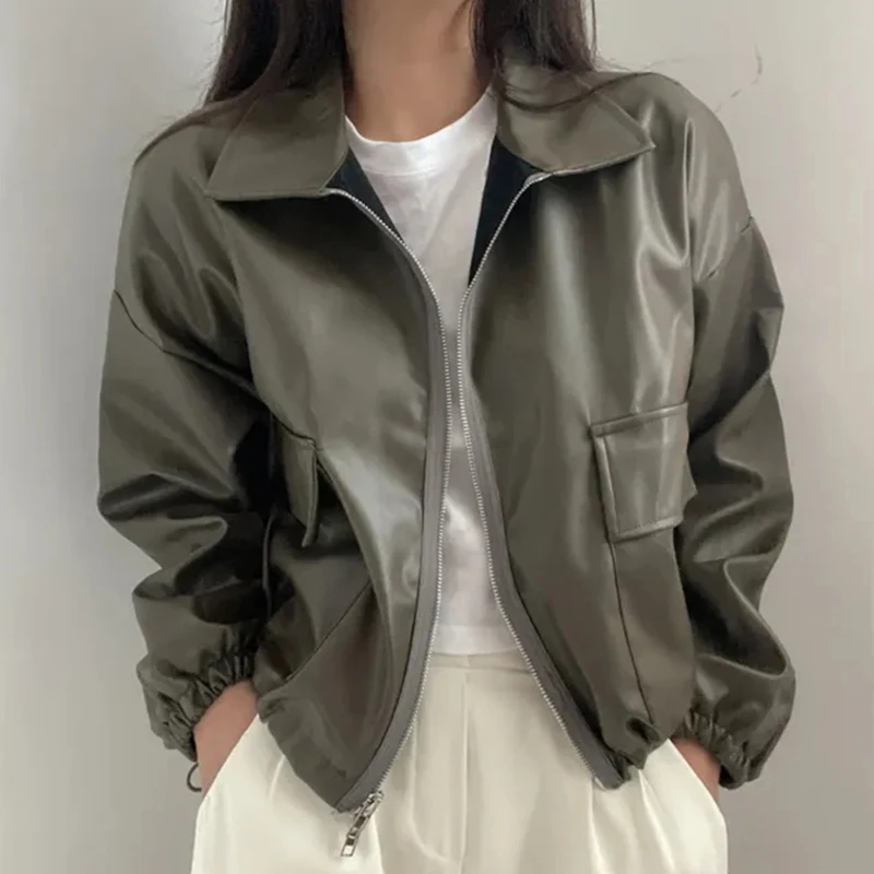 Sli Retro PU Leather Jaet Zipper Loose Fit Long Sve Turn-down Collar Biker Coat for Women Autumn Faion Outerwear