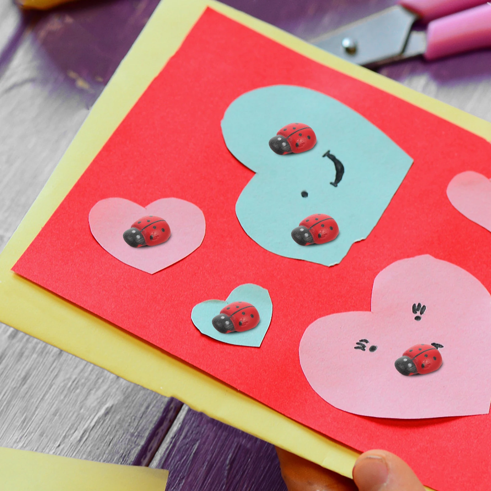 

100Pcs Wood Ladybugs Stickers Self Adhesive Mini Decorative Ladybug Craft Supplies Micro Landscape Decoration Fancy Centerpieces