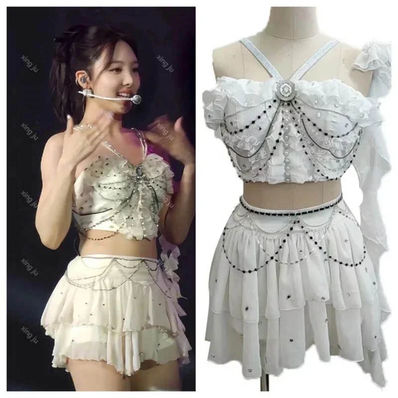 

Korean Singers Cosplay Costumes White Sleeveless Off-Shoulder Vest Sling Tops Irregular A-line Tutu Skirt Women Group Outfits
