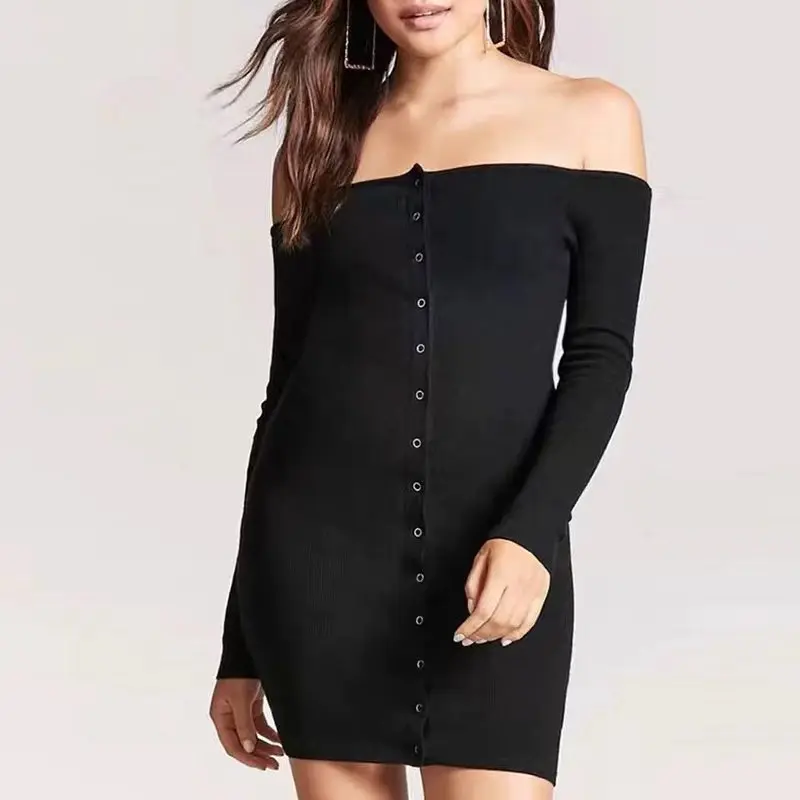 

Женские платья из 94% хлопка с ребристой вязкой, однотонные, сексуальные, с вырезом-лодочкой, на пуговицах, с длинными рукавами, недорогие повседневные платья, Robe Femme