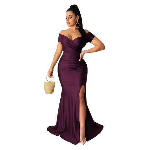 2024Sold Maxi Elegant Luxury Designer Party Dresses Women Off Shoulder Evening Dress Mermaid V-Neck Pleated Backless Long Dress