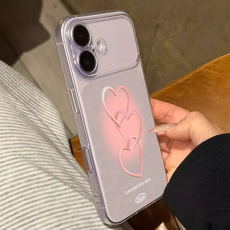 Hand-Painted Pink Heart Transparent Soft Phone Case For iPhone 17 Pro Max Cases iPhone 16 Plus 15 14 13 12 11 8 7 XS X XR Cover