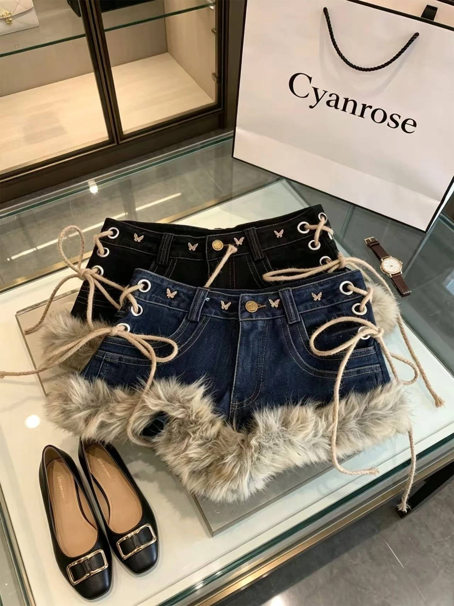 Women Dark Blue Fleece Patchwork Mini Denim Shorts Y2K Gyaru Vintage Hot Cowboy Pants Low Rise A-line Micro Jeans Shorts Summer
