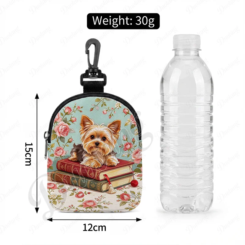 Kawaii Yorkshire Terrier Print Snack Storage Bag Yorkshire Lying on The Book Portable Treat Pouch for Outdoor Walking Training