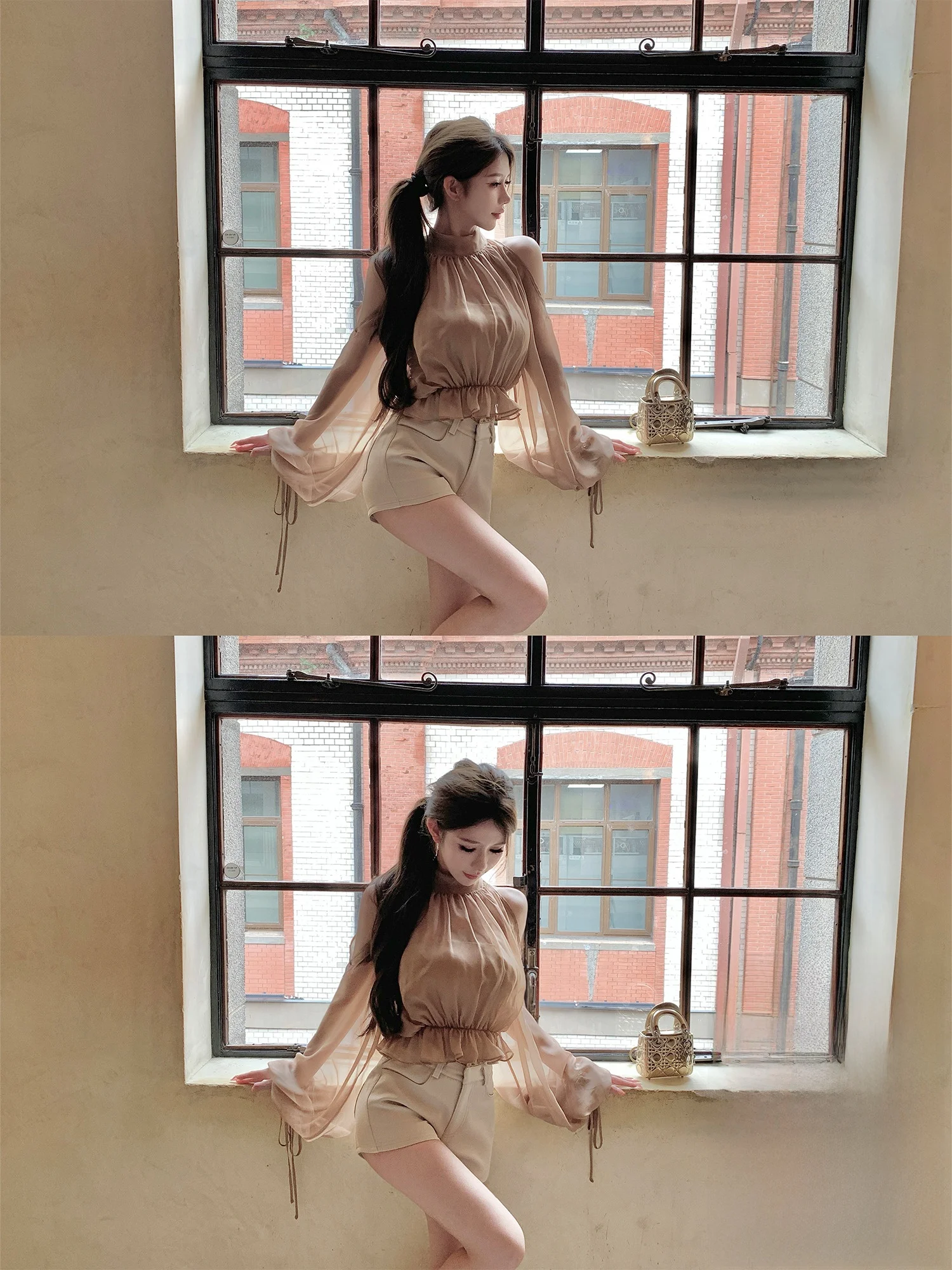 

Romantic Women's irt Kubiliv Netie Lantern Sve Waist Cinched Thin Veil Top Korean Sle Long Sve Daily Wear