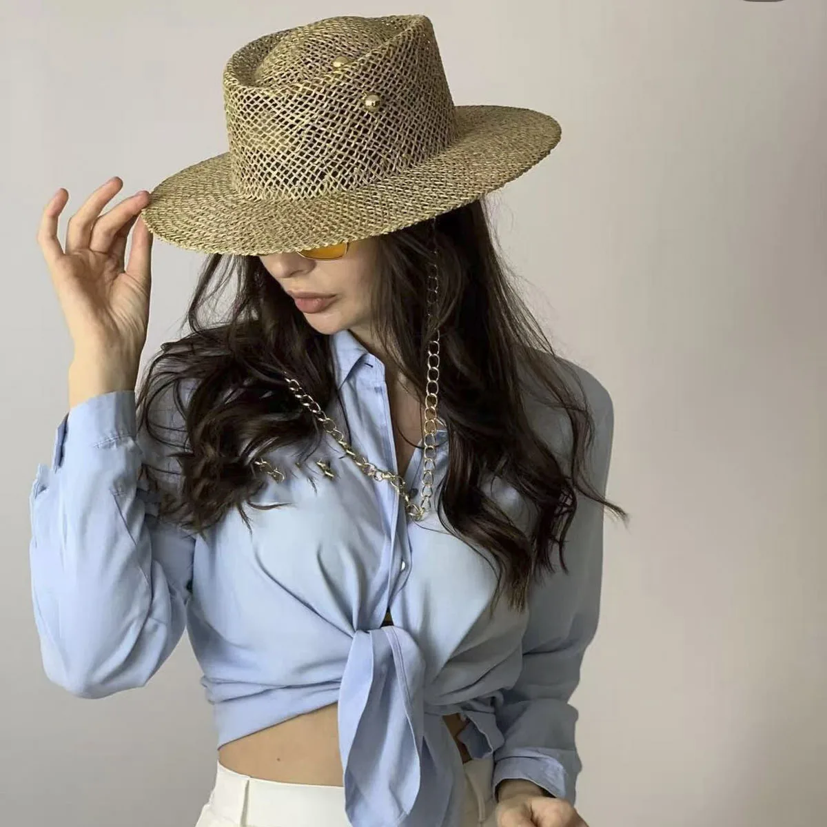 European Ins Hand Woven Ring Concave Top Chain Beach Hat, Russian Style Popular Summer Cap