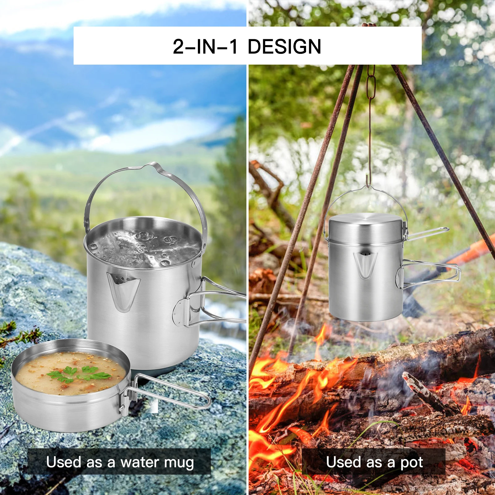

Camping Cookware Set 1L Pot Pan With Folding Wood Stove Utensils Bowls for Outdoor Cooking for Boiling Soup Frying
