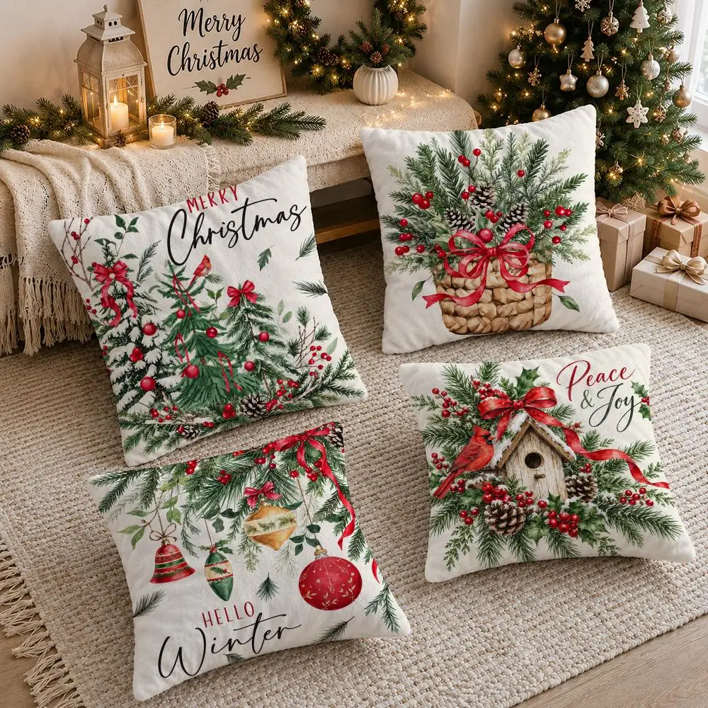 4PC Vintage Truck Holiday Christmas Cushion Cover Soft Plush Double-Sided Print Pillow Case Home Decor for Sofa Living Room Gift