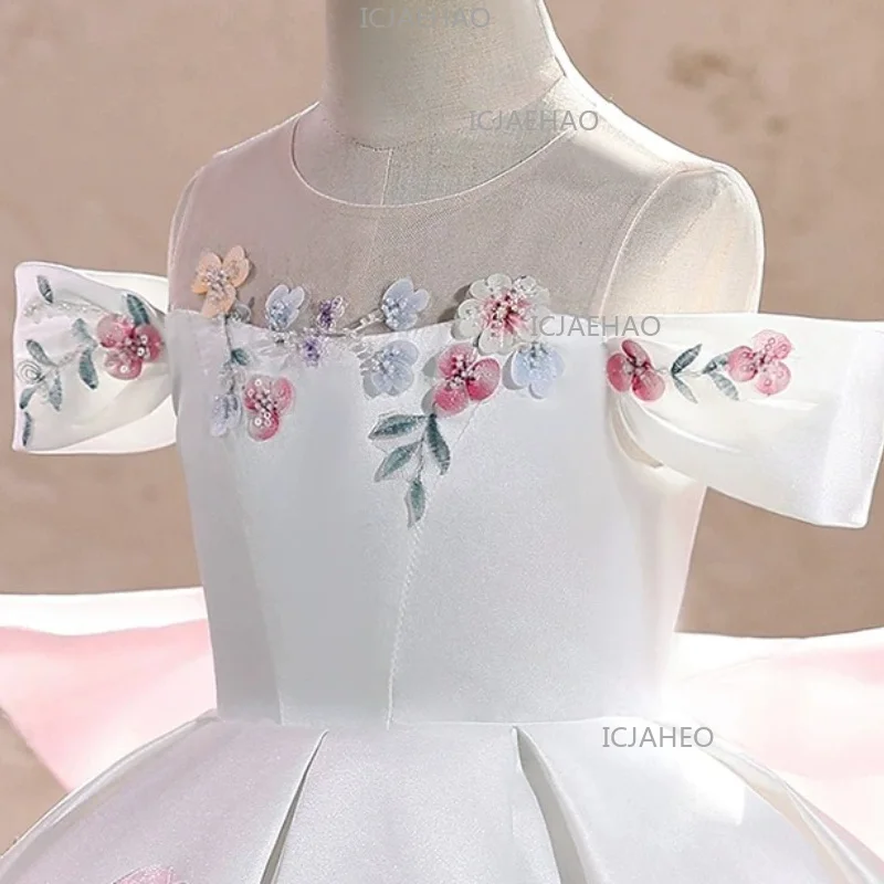 2026 New White Satin Off Shoulder Kids Formal Tutu Girls Birthday Party Banquet Clothes Princess Gown Piano Performance Pageant