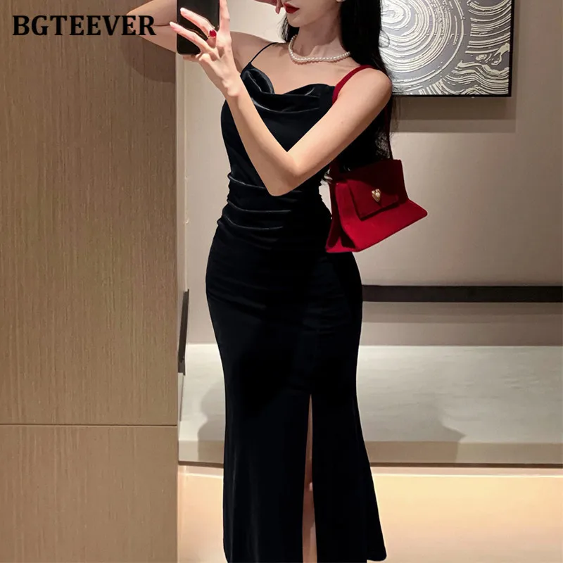 Bgteever vintage cintura fina pacote feminino hip vestido de veludo primavera verão lado split elegante senhoras sem mangas bodycon vestido