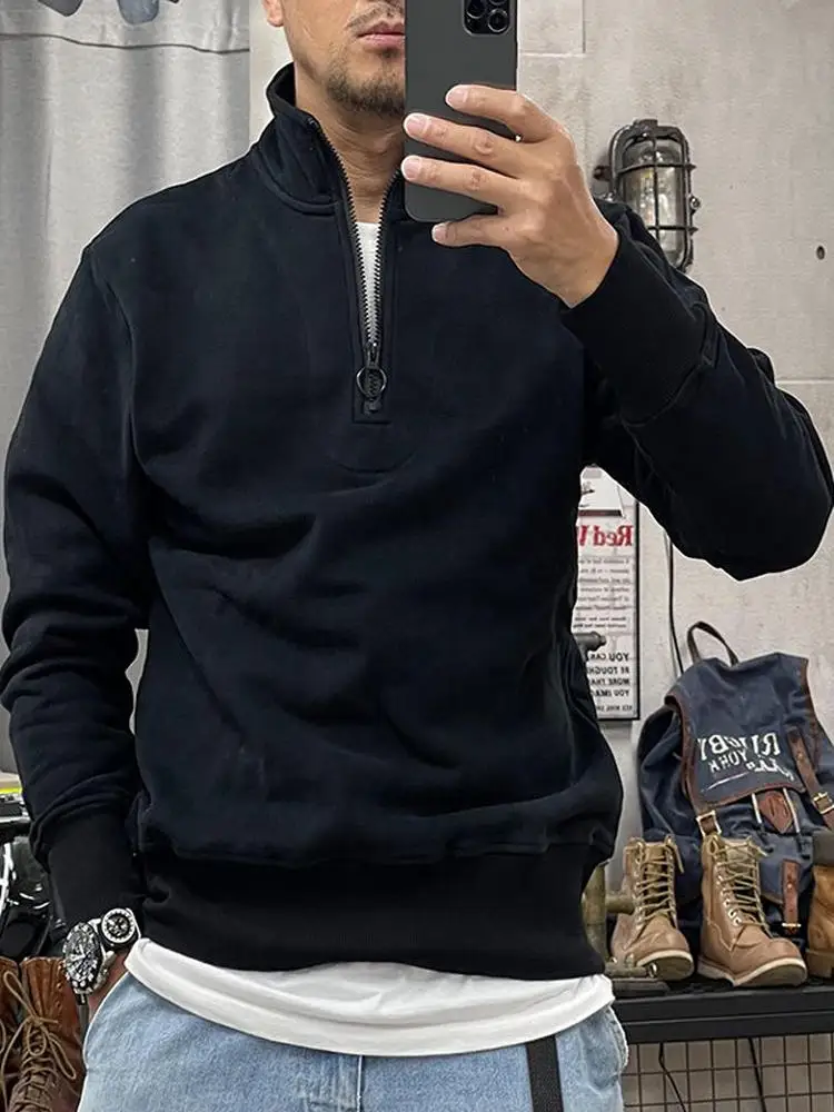 

Men's Thickened Fleece Hoodie Zipper Neck Casual Sweatshirt Autumn Winter New Style Vintage Loose Fit Antibacterial Chinese P...