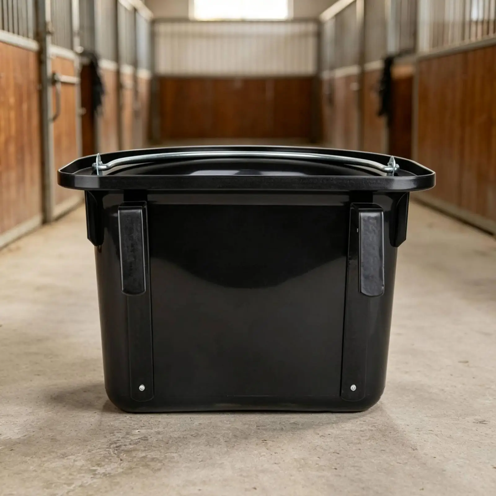 Black Glossy Barn Feed Bucket with Hanging Hook Handle for Equine Hay Rack Stall Wall Mounted Feeder