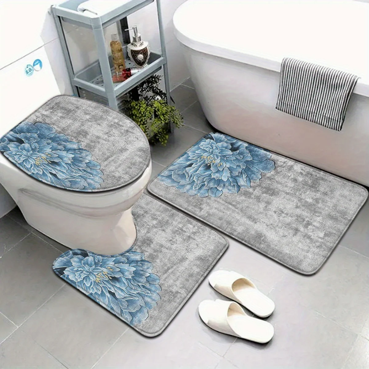 3pcs Retro Nordic Series Gray and White Background Blue Floral Pattern Bathroom Mat Set Toilet Seat Ring U-shaped Foot Mat