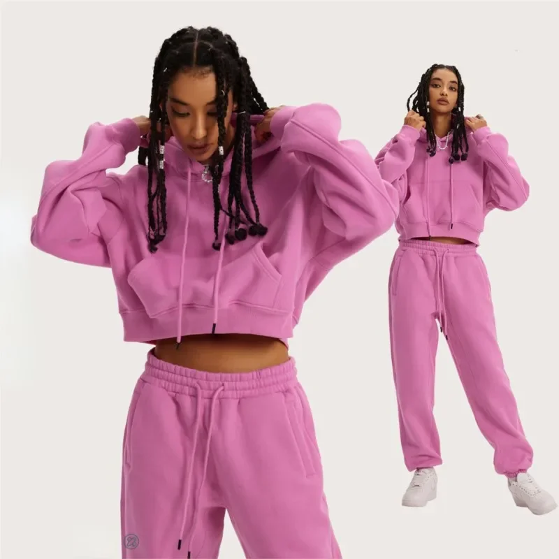 

Autumn and winter women's fashion pink hooded long-sleeved hoodie high waist casual sweatpants top street style suit