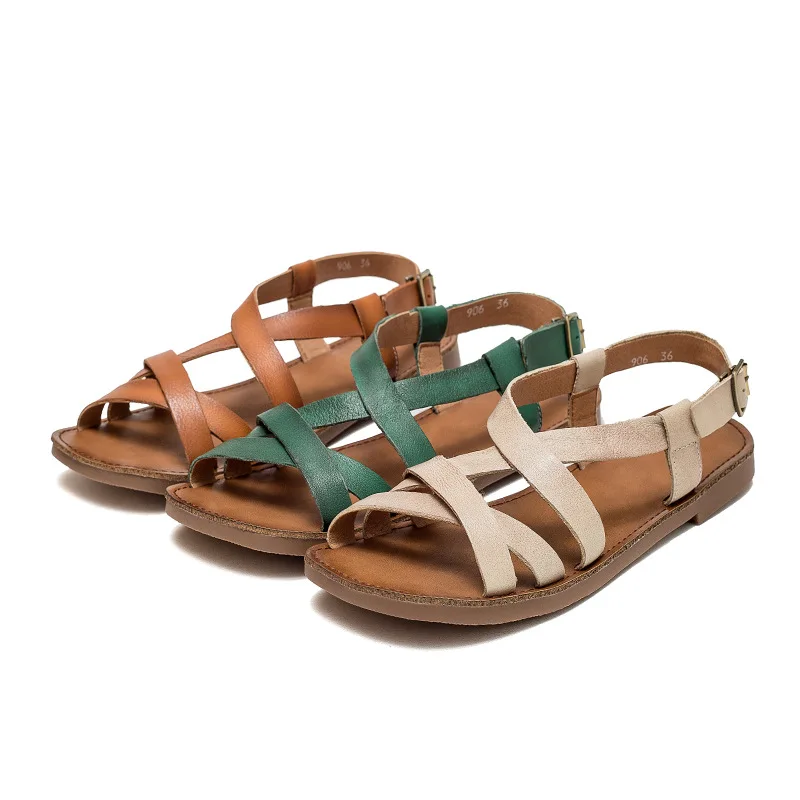 GKTINOO Summer Sandals Ladies Open Toe Genuine Leather Women Sandals New Hollow Retro Handmade Comfortable Outdoor Beach Shoes