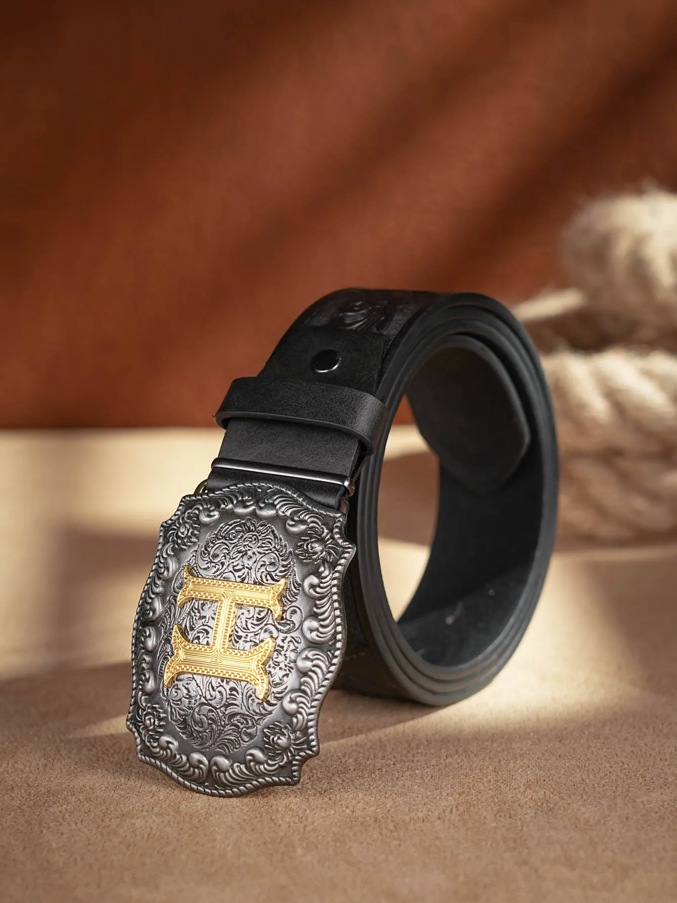 Western Cowboy PU-Ledergürtel – Herren-Hüftgurt, Stier-Dekoration, Blumenmuster, graviert für Jeans – Detail 16