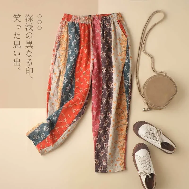 

Cropped Pants Women Patchwork Loose Casual Vintage Summer Sale Korean Style Literary Elastic Waist Harem Pants Streetwear Women