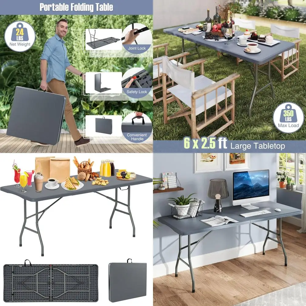 

Portable 6ft HDPE Folding Table with Metal Frame, Ideal for Camping, Picnics, and Parties in Gray
