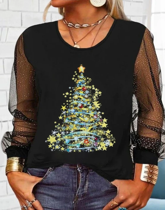 Women Top Christmas Tree Mesh Patchwork T-Shirt 2024 Spring/summer Latest British Style Atmosphere Long Slept Slim Fit Pullover