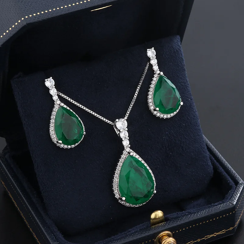 

insFengcaibao European and American fashion popular emerald pendant, ring, and earring set three-piece set