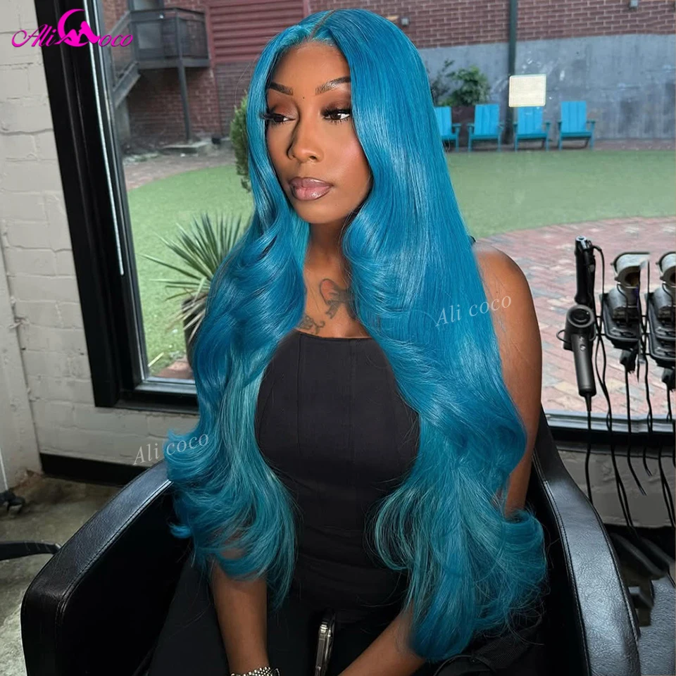 

13x6 Lace Front Wigs Lake Blue 180 Density Body Wave 13x4 HD Lace Frontal Wig Human Hair Wig Pre Plucked for Women