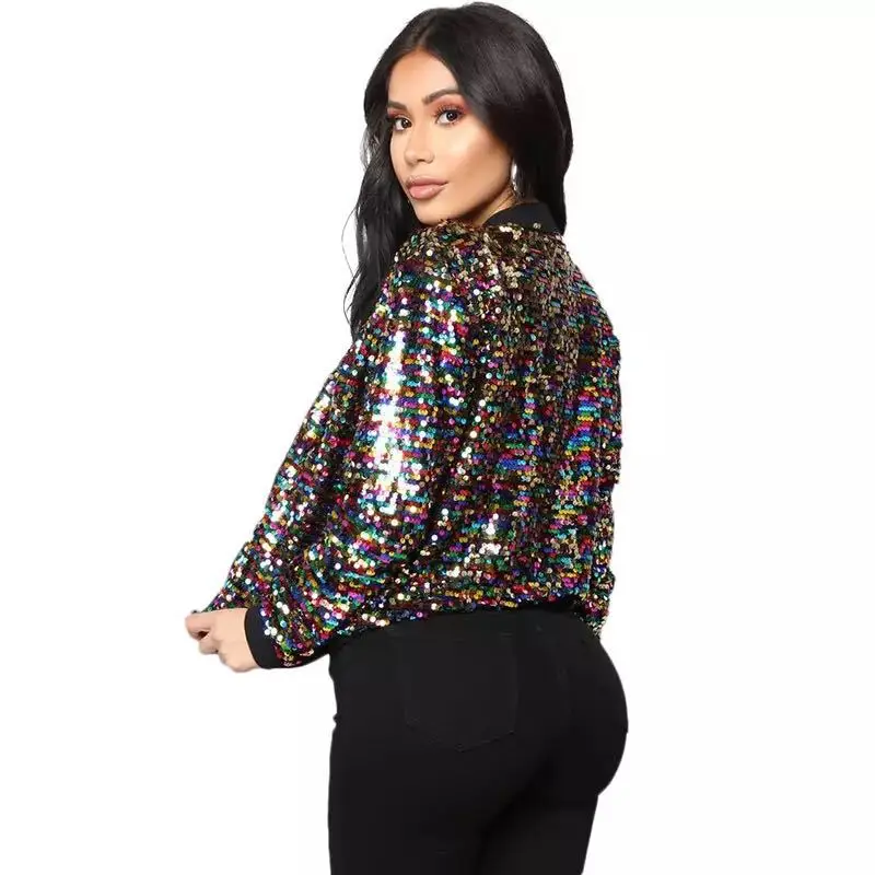 2022 Women Bomber Gradient Color Sequins Baseball Jacket Beaded Embroidered Sequined Zipper Pilot Coat Stage Show Dance Outwear