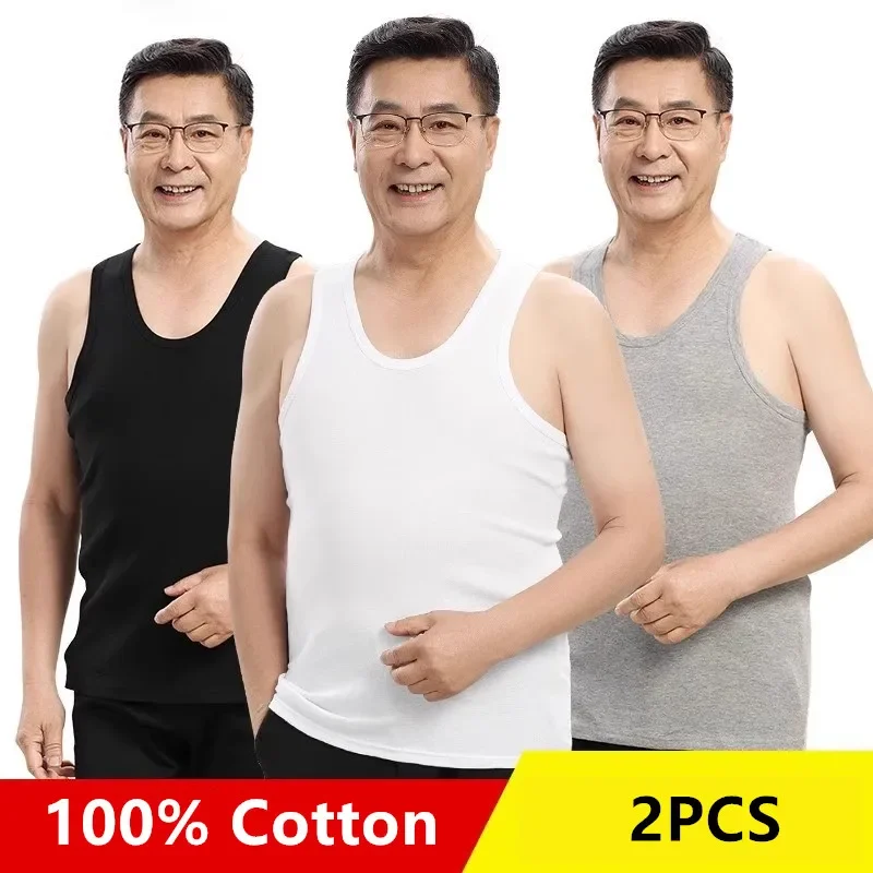 2Pcs Summer Tank Tops Men Dad Sleeveless Pure Cotton Breathable Stretched 7XL 6XL 5XL Plus Size White Black Gray Base Undershirt
