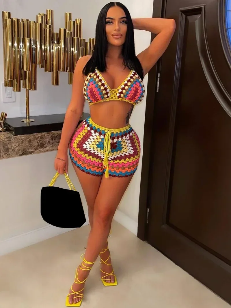 

GUWU Raibow Striped Knit Crochet Women's Set Bra Crop Top and Shorts Set 2024 Fashion Summer Two 2 Piece Set Outfit Tracksuit