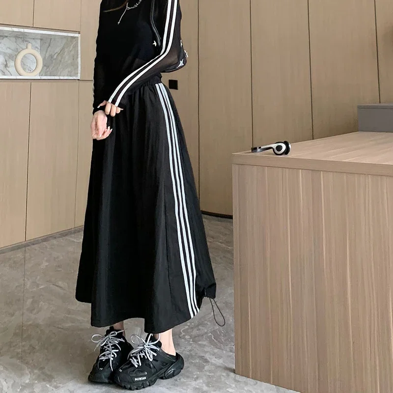 Women\'s Black Vintage High Waist Drawstring Skirt Summer Loose Casual Midi Skirts Elastic Waist Clothes for woman y2k