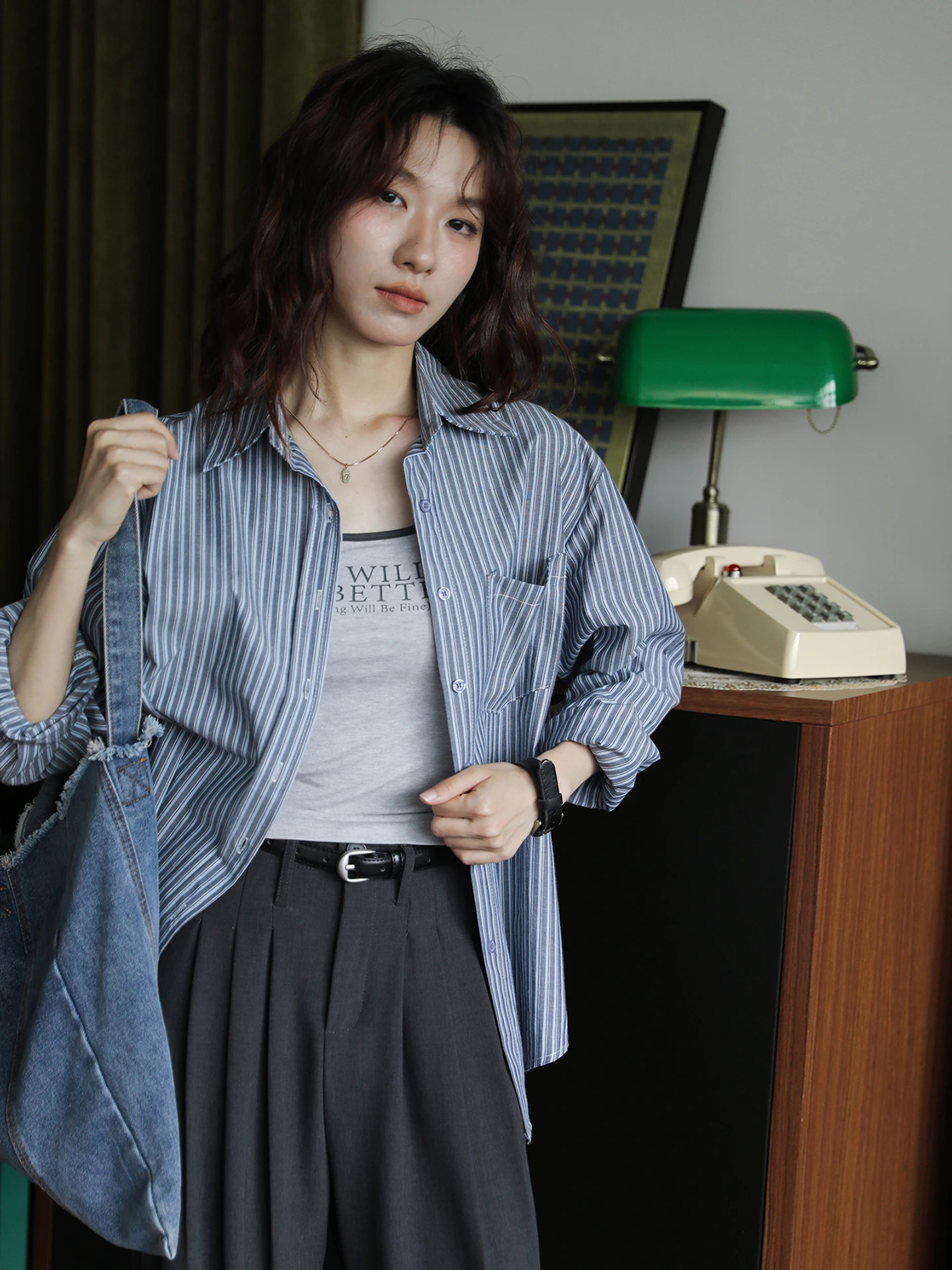 

Retro Striped Cotton Shirt Women's Long Sleeve Loose Commute Style Summer Sun Protection Clothing Casual Versatile Holiday Wear