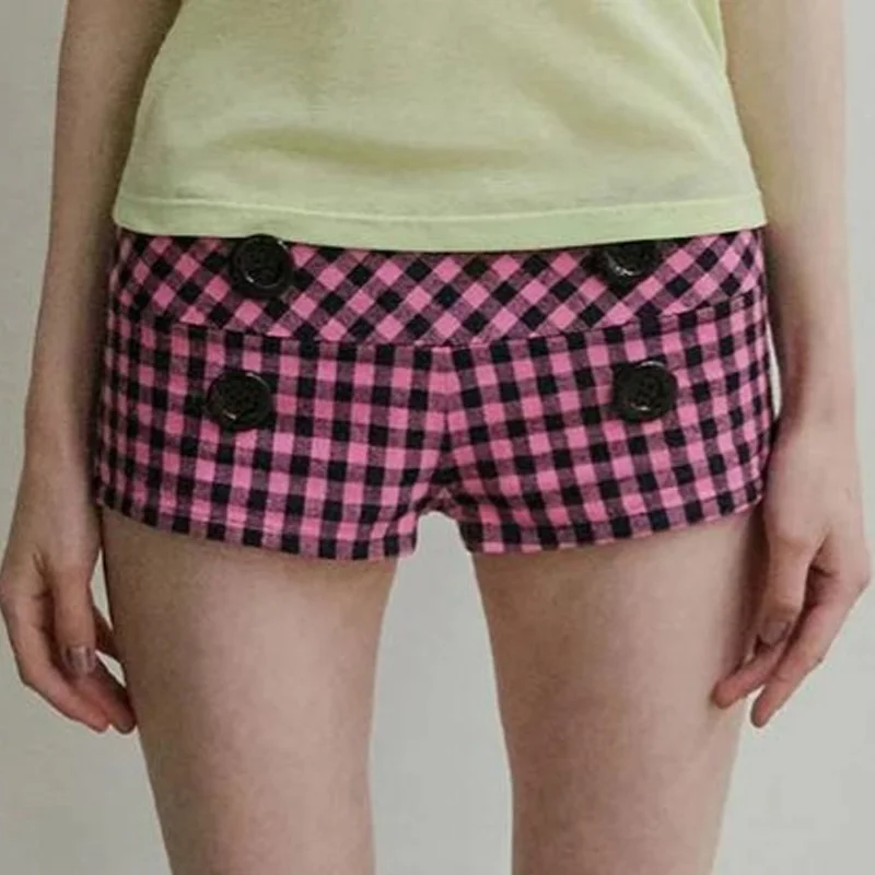 Summer Women's Y2K Lazy Fashion Street Wear Black Pink Grid Spicy Girl Double Button Decoration Slimming Ultra Mini Hot Pants