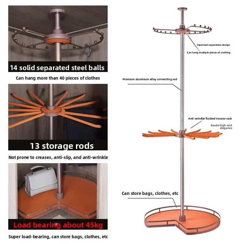 360 Degree Rotating Corner Wardrobe Hanger Aluminum Alloy Pull Out Basket Rack Multi Functional Closet Storage Organizer for