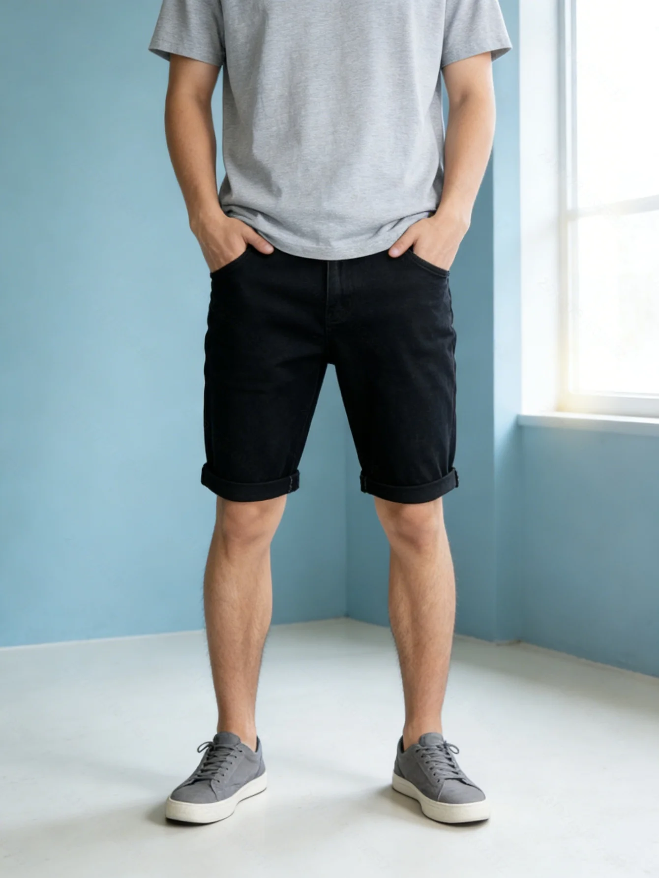 

Men's Slim Fit Black Stretch Jorts Urban Streetwear Original Man Pants Casual Look