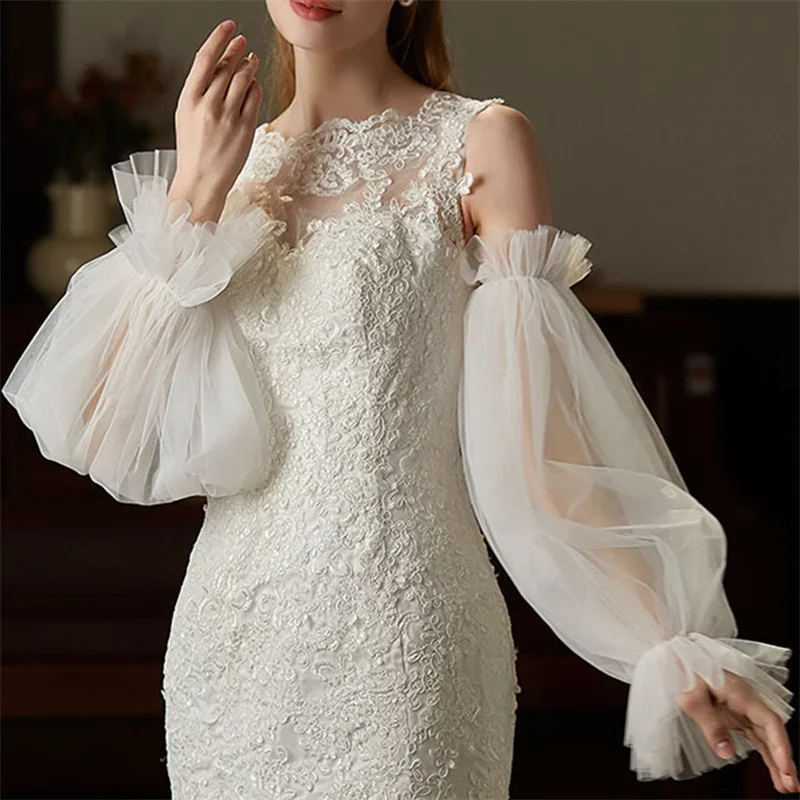 Fashion Soft Gauze Wedding Sleeves Black White See-through Removeable Lantern Shaped Long Gloves Bridal Wedding Dress Accessorie