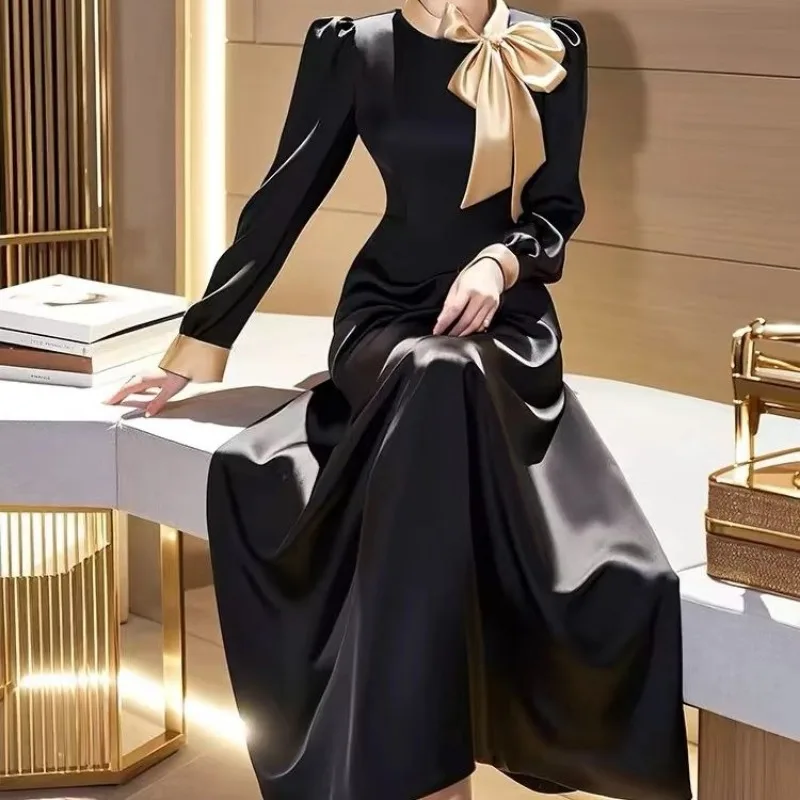 Nieuwe Franse Mode Herfst Jurk Vrouwen High End Elegante Slanke Satijnen Strik Kleine Geurige Effen Kleur A-lijn Feestjurk vestidos