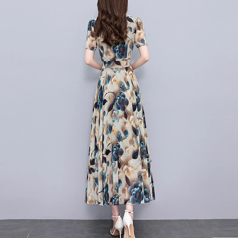 2025 Summer New Chiffon Floral Dress Women Elegant Fashion Bodycon Luxury Party Long Dress Korean Vintage Chic Prom Midi Vestido