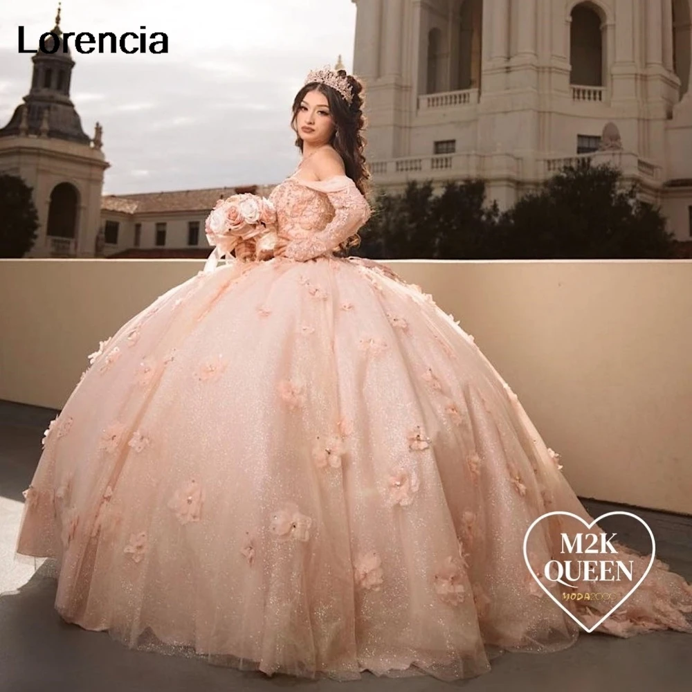 Lorencia Long Sleeve Blush Quinceanera Dress Ball Gown 3D Flowers Applique Beading Corset Sweet 16 Vestidos De 15 Años YQD962