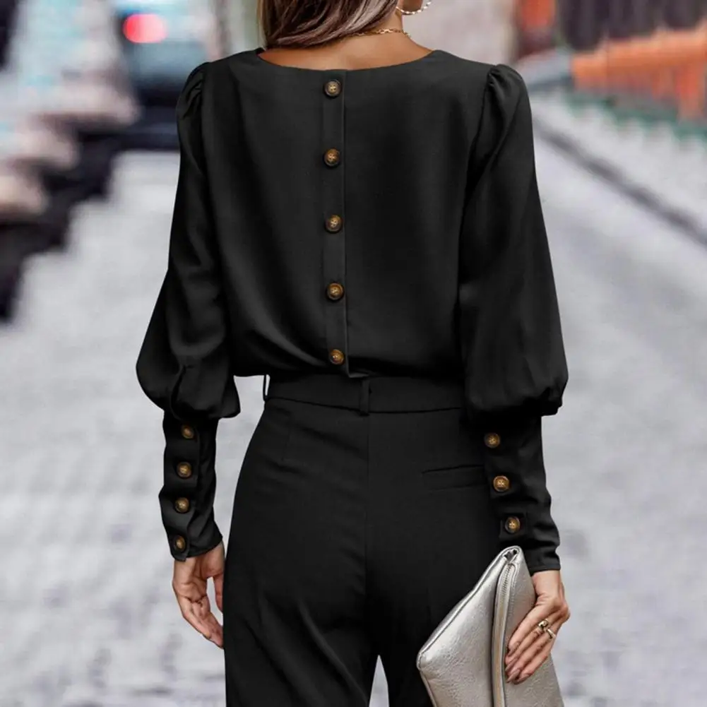 Spring Autumn Top Trendy Lantern Sleeve Women's Blouse Button Closure Lady Top for Spring Autumn Chic O Neck Shirt in for Women