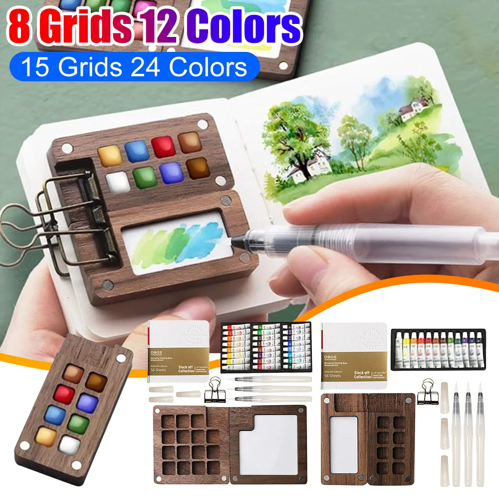 8/15 Grids Watercolor Palette Set Mini Portable Watercolor Paint Box with Paints for Students Travel Sketching Art Supplies