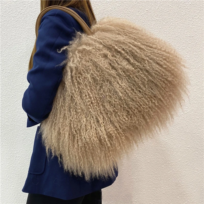 Fashion Luxury Autumn Winter Mongolian Fur Handbag Fur Tote bag Large Capacity Plush Bag High-end Women\'s Bag